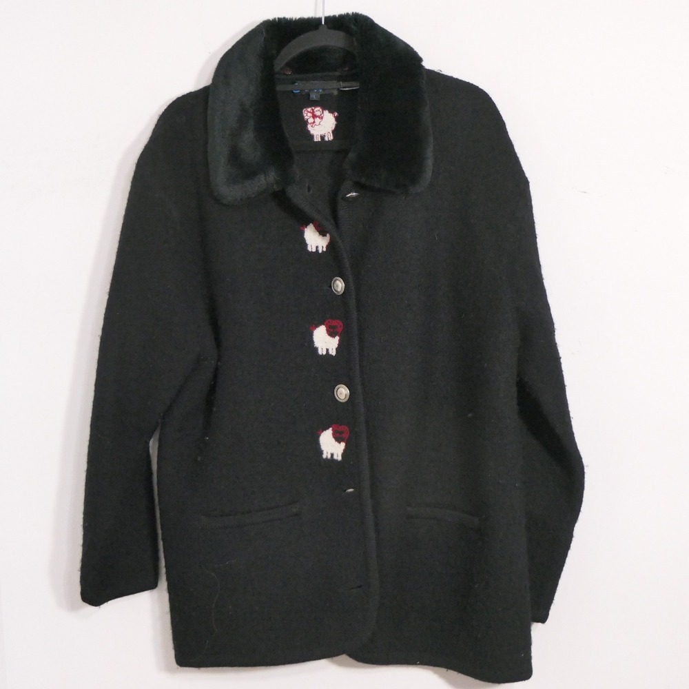 City Wear Womens Wool Sheep Jacket L Black Faux Fur Collar Cottagecore Whimsical